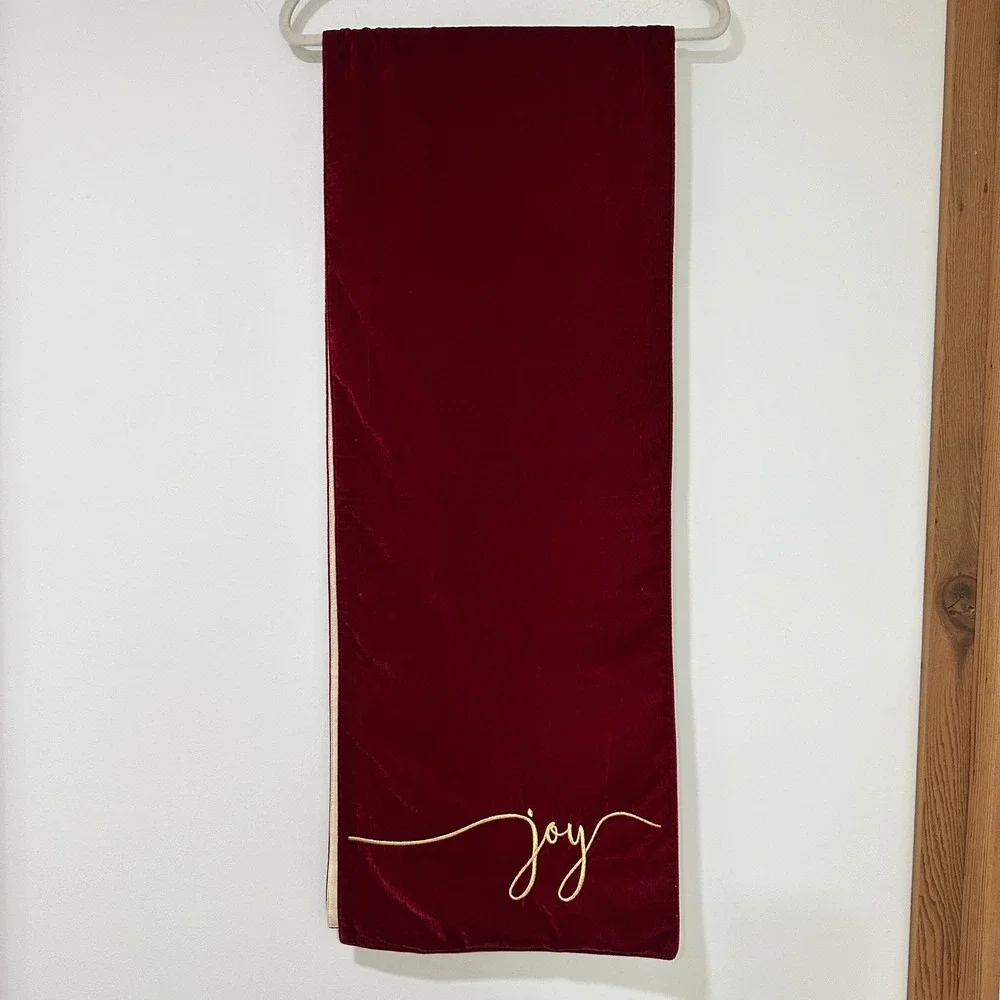 Red Velvet Christmas Table Runner Gold Joy Embroidered Reversible 72x14 Holiday